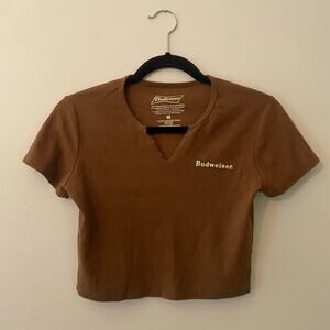 Budweiser Chocolate Brown Short Sleeve Cropped Baby Tee Women's size Medium